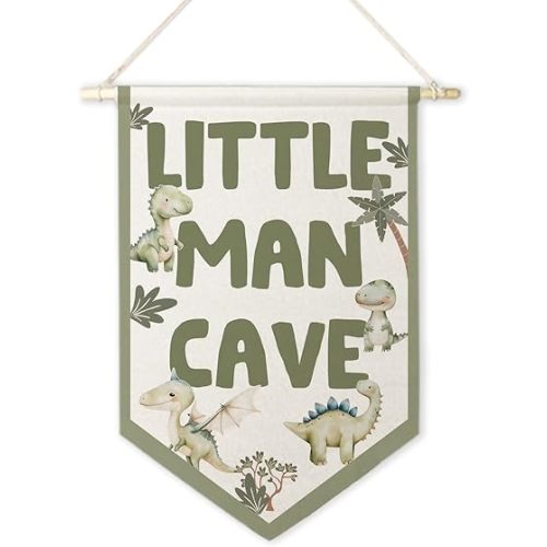 ArtisaEura Little Man Cave Wall Canvas Banners,Dragon Nursery Decor, Sage Green Dinosaur Dragon Hanging Display Pennant Banner Flags, Nursery Wall Decor for Kids Boys Room Bedroom Playroom