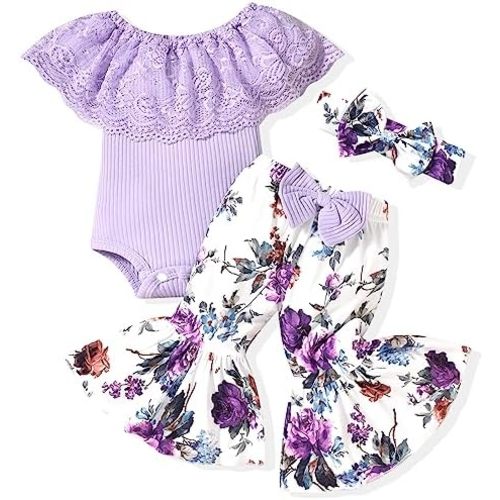 HINTINA Newborn Baby Girl Short Sleeve Bodysuit Flared Pants Ribbed Outfits