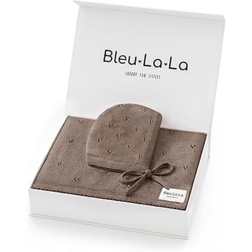 Bleu La La Baby Gift Set - Organic Cotton Newborn Blanket Essentials, Thoughtful Baby Shower & New Baby Gift for Boys & Girls (Pointelle - Milk Chocolate)