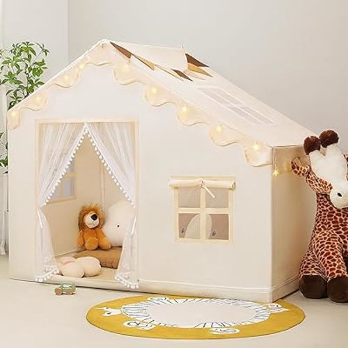 Kids Play Tent with Mat - Kids Tent Indoor with Star Lights and Flags, Toddler Tent for Kids Ages 3-8, Toddler Playhouse for Girls Boys, 57" x 35" x 47" (Beige)