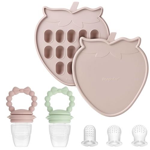 PandaEar Baby Food Freezer Tray & 2 Pack Baby Fruit Food Feeder Pacifier, Baby Fruit Food Feeder Teether Tray Ice Cube Maker, Breastmilk Popsicle Molds for Baby Teething Relief