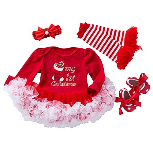 4Pcs Newborn Baby Girls Christmas Outfit Headband Romper Tutu Dress Leg Warmer Set for Baby Girl 0~24 Months
