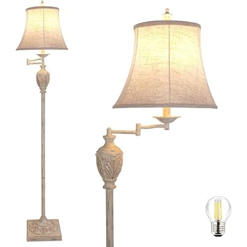 Traditional LED Floor Lamp with 350° Adjustable Swing Arm Lamp – Vintage Pole lamp Swing arm for Living Room, Bedroom and Office – Rustic Upright Floor Light for Home Décor with Faux Silk Fabric Shade