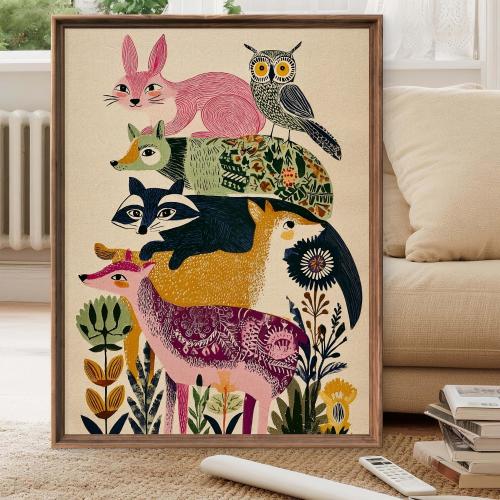Whimsical Forest Animal Totem Art Print, Colorful Folk Style Woodland Creatures Wall Decor, Boho Nursery Poster - Sold UNFRAMED #884