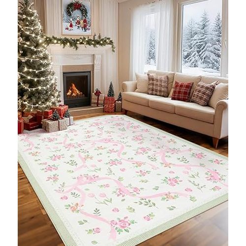 GarveeHome Christmas Coquette Pink and Green Bow Rugs for Bedroom Girls, 5x7 Area Rugs for Living Room with Low Pile, Non Slip Floral Washable Rug 5x7 for Nursery Kids Playroom Dining Room Dorm