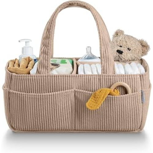 PUTSKA Baby Diaper Caddy Organizer for Changing Table – Stylish Nursery Storage Basket, Newborn Essentials, Baby Shower Gifts and Registry Must-Haves for Boy or Girl, Car Diaper Caddy, Corduroy Mocha