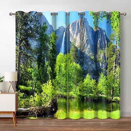 Jekeno Mountains Forest Blackout Curtains Jungle Green Trees River in Bright Sunshine Nature Scenery Decor Bedroom Living Room Darkening Grommet Window Drapes 2 Panel Set, 42"x84"