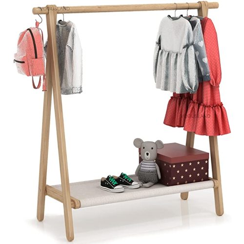 Dress up Rack, Child Garment Rack, Kids Clothing Rack with Storage Shelf (Natural Beech, 38" L x 14.5" W x 40" H)