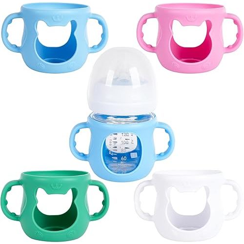 Silicone Baby Bottle Sleeves for Philips Avent 4oz Glass Bottles – BPA-Free, Food-Grade, Anti-Slip Grip, Thermal Insulation, Dishwasher Safe – 4 Pack (Blue, White, Pink, Green)