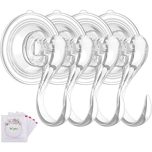 VIS'V Suction Cup Hooks, Small Clear Shower Suction Hooks with Wipes Heavy Duty Vacuum Suction Cups with Hooks Removable Reusable Bathroom Suction Hooks for Tile Wall Window Glass Door - 4 Pcs
