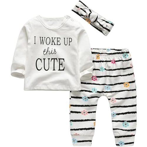 KuKitty 3Pcs Baby Girl Outfits Set Long Sleeve T-Shirt Tops Flowers Pants with Headband