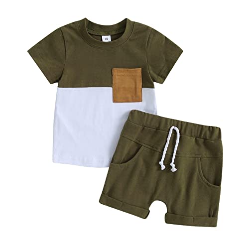 Rtnnsbbfcm Newborn Baby Boy Summer Clothes Short Sleeve Color Block Front Pocket T-Shirt Top Shorts 2Pcs Casual Outfit