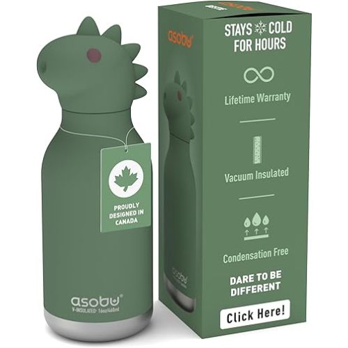 asobu Bestie Bottle Insulated Stainless Steel Water Bottle with Detachable Soft Animal Head Fun Drinking for Kids and Teens with Flexible Reusable Straw 16 Ounce (Dinosaur)