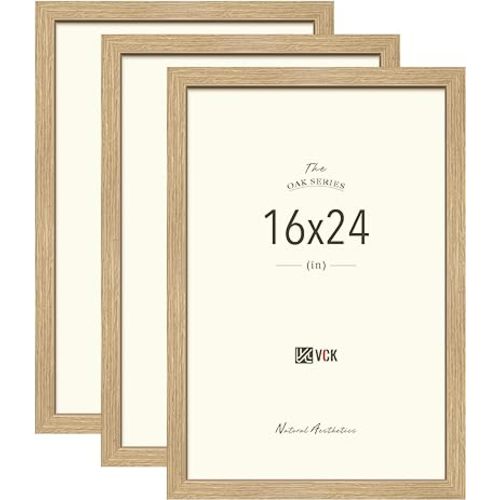 VCK 16x24 Oak Wood Frame for Poster & Picture, Natural Solid Wood Photo Frames 3 Pack, Wall Gallery Frame
