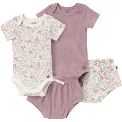 Modern Moments™ by Gerber Baby Girls' 4-Pack Short Sleeve Bodysuit and Shorts Set, Ivory Garden/Med Lilac, 0-3 Months