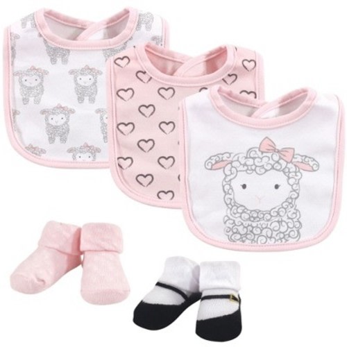Hudson Baby Infant Girl Cotton Bib and Sock Set 5pk, Little Lamb, One Size