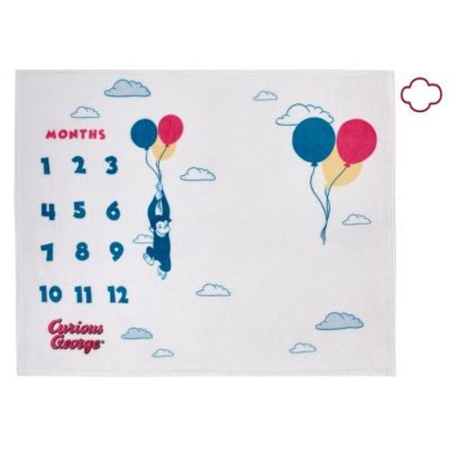 NoJo Welcome to the Universe Baby Curious George White, Blue, Red, and Yellow Balloons and Clouds Super Soft Milestone Baby Blanket