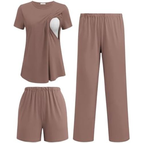Ekouaer 3 Piece Maternity Pajamas Set Postpartum Nursing Short Sleeve Breastfeeding Sleepwear Pregnancy Shorts & Pants Pjs