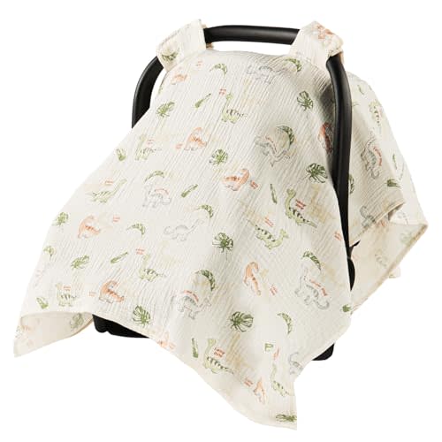 Car Seat Cover Baby Boy, Breathable Muslin Cotton Infant Canopy, Dinosaur | Soft, Breathable & Lightweight Full-Coverage, Summer Sun Protector for Strollers, Perfect Gift for Newborn Boys & Girls