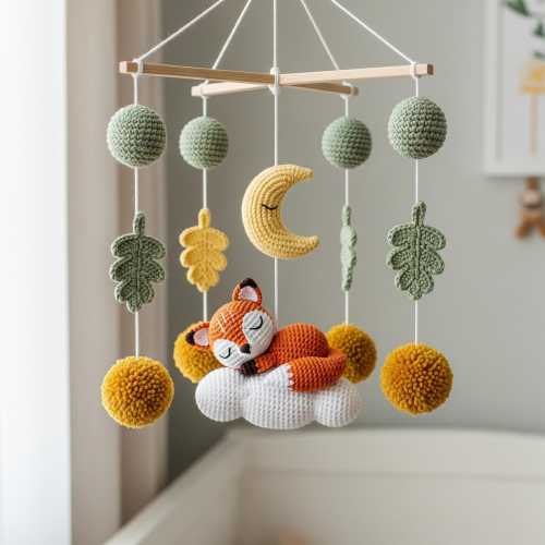 Woodland Mobile Nursery, Handmade Nursery Decor, Crochet Forest Animals Baby Nursery, Mushroom And Fox Mobile
