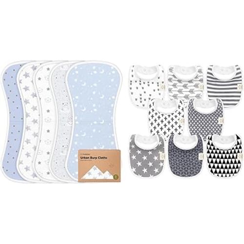 KeaBabies 5-Pack Burp Cloths for Baby Boys and Girls and 8-Pack Baby Bibs for Girls & Boys - Ultra Absorbent Burping Cloth, Burp Clothes, Newborn Towel - Teething Baby Bibs