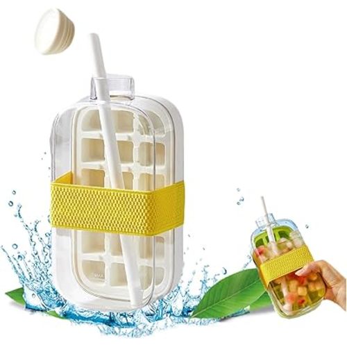 2-in-1 Ice Cube Bottle with Straw - Easy Press Ice Tray Water Bottle, Leak Proof Lid, Vertical Ice Maker for Freezer, Travel, Gym & Home Use (White, 800ml)