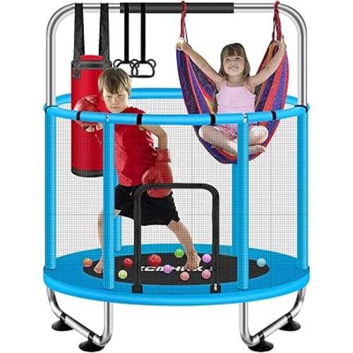 Trampoline for Kids, 55" Toddler Trampoline Indoor & Outdoor, 440lbs Capacity Baby Trampoline with Enclosure, Mini Trampoline with Adjustable Gymnastics Bar&Toys, Gifts for Boys&Girls