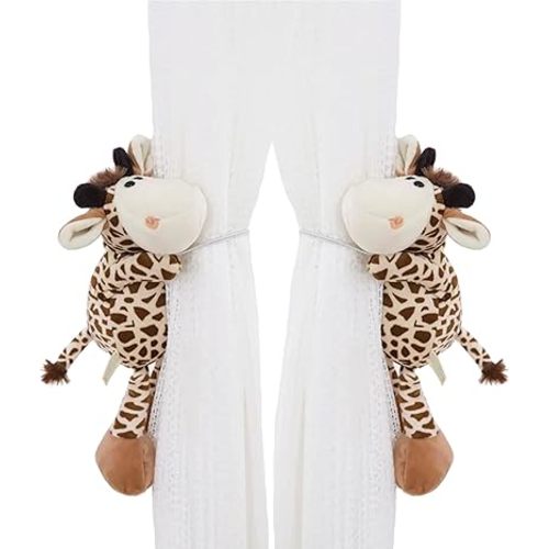 Curtain Tiebacks, 1 Pair Cute Animal Curtain Holdbacks for Drapes, Buckle Hook Fastener Curtain Tie Backs Holder for Nursery Decor, Kids Bedroom Window Decorations (Giraffe)