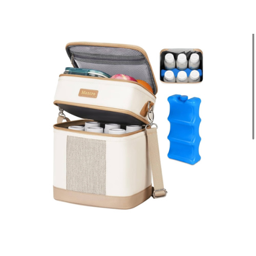 Mancro Breastmilk Cooler Bag with Ice Pack, Double Layer Insulated Baby Bottles Bag Fits 6 Bottles Up to 9 Ounces, Portable Breast Pump Cooler Travel Bag for Daycare and Nursing Moms, Beige