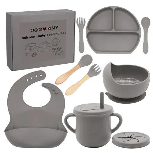 100% Silicone baby feeding set,BPA free Baby dishes set with Suction Bowl Divided Plate,Toddler Self Feeding Dish Set with Spoons Forks Sippy Cup And Bib, Baby Eating Utensils (Light Brown)