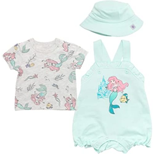 Disney Minnie Mouse Ariel Baby Girls French Terry Short Overalls T-Shirt and Hat 3 Piece Outfit Set Newborn to Infant