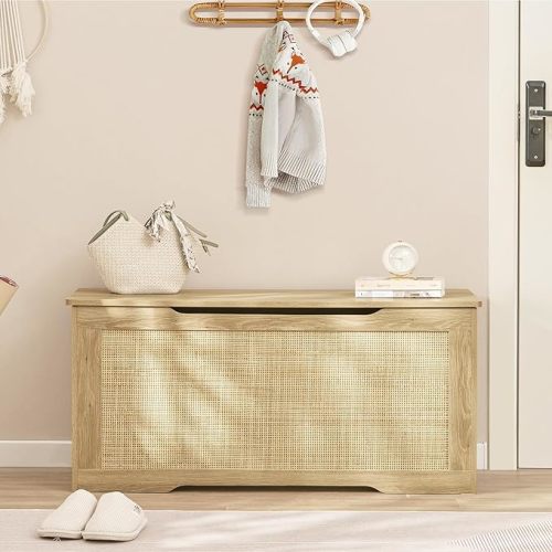 usikey 39.4” Storage Chest, Toy Box with 2 Safety Hinges, Rattan Storage Bench with Storage, Toy Chest for Bedroom, Shoe Bench, Supports 220 lb, for Living Room, Entryway, Natural