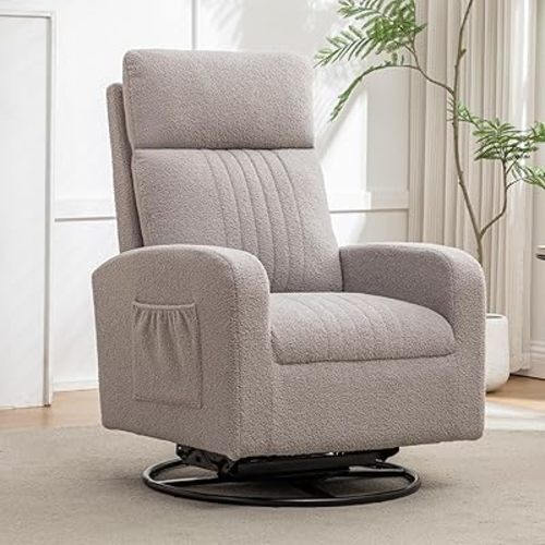 360° Swivel Rocking Chair for Nursery, Modern Nursing Glider with Upholstered Comfy High Back, Swivel Rocker Padded Armchair for Indoor Living Room Bedroom (Teddy LightGrey)