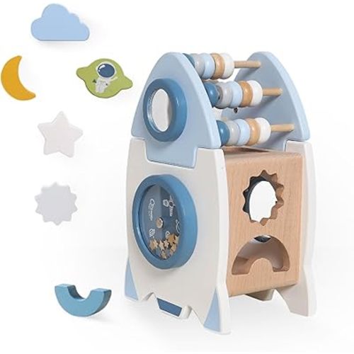 Wooden Space Toy for Baby 1 Year Old, Montessori Toy for Babies 12-18 Months, Toddler Rocket Toy Age 1-3, Sensory Activity Cube Learning Toy, 1st Birthday Gift for Boys and Girls