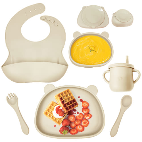 Silicone Baby Feeding Set, Icareful Off-White 6-Piece Set Baby Bear Plates with Suction and Bowls Paired with Toddler Sippy Cups and Silicone Bibs
