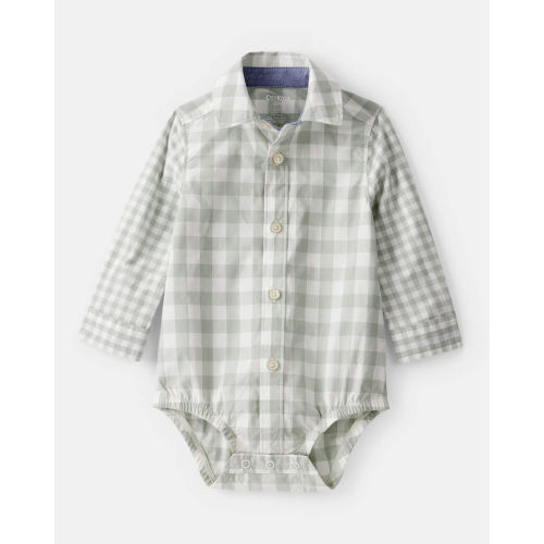 Long-Sleeve Button-Down Bodysuit - Green Plaid - 6M