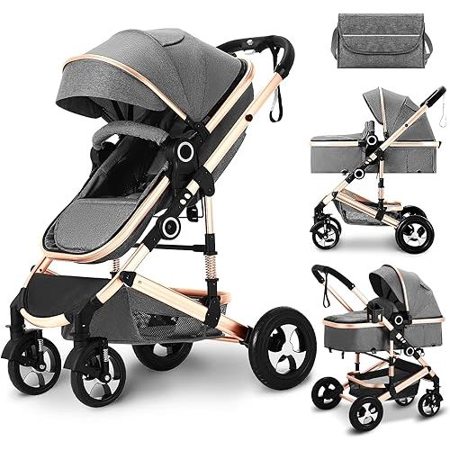 Kinder King 2 in 1 Convertible Baby Stroller, Folding High Landscape Infant Carriage, Newborn Reversible Bassinet Pram, Adjustable Canopy, Diaper Bag, Anti-Shock Toddler Pushchair Stroller, Gold
