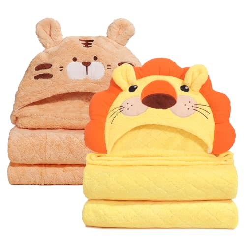 WODHOY Kids Bath Towels with Hood, Soft and Thick Hooded Towels for Toddlers 3-5, 2 PCS Cute Animal Face Premium Coral Fleece with Large Size 50 in*32 in, Orange Tiger & Yellow Lion Set