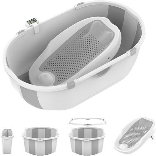 Collapsible Baby Bathtub with Bath Stand,Baby Bath Tub with Thermometer and Drain Outlet, Durable and Essential Baby Bathtub, Suitable for Babies from 0-5 Years Old to Toddlers(Grey)
