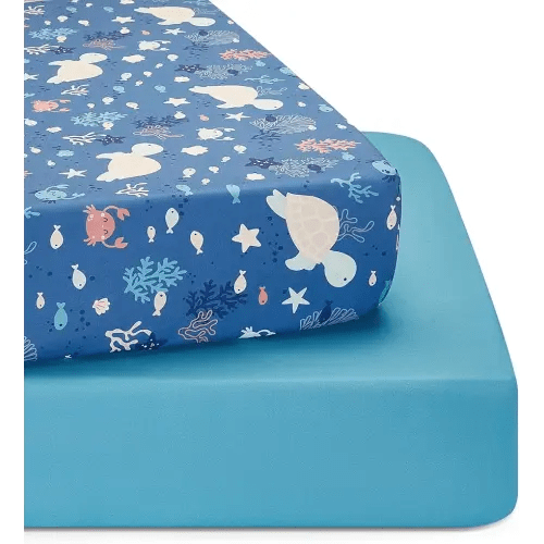 TILLYOU Baby Crib Sheets for Boys Girls, Super Soft Toddler Bed Sheets, 2 Pack Sheets for Standard Crib Mattress 28x52in, Beach Time Turtle and Lake Blue