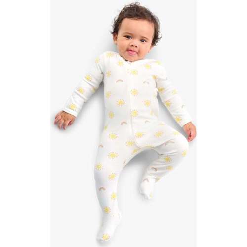 Baby Organic Zip Footie In Sunny Day, Ivory Rainbows Suns - Primary | Maisonette