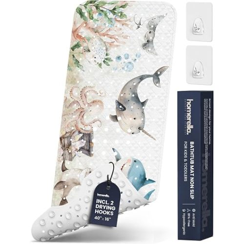Bathtub Mat Non Slip Anti Mold Kids 35x16- homerella® Bath Mat for Tub, BPA Free,Incl. 2 Hooks, Washable Shower Mat Non Slip Anti Mold,Shower Mats for Inside Shower,EU Certified