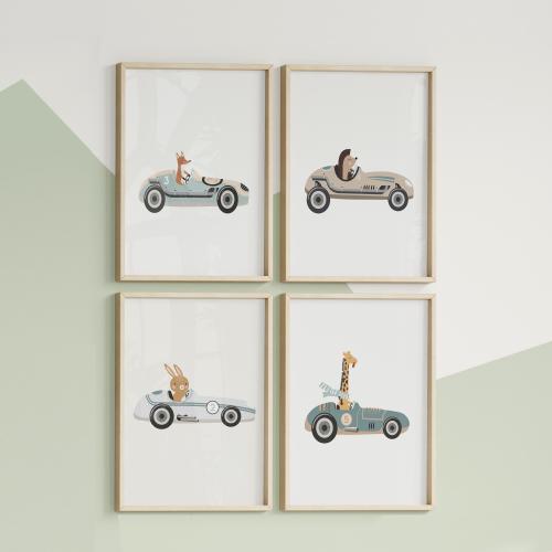 Animal Racer Car Boys' Wall Art Set of 4, Racing Decor, Blue Nursery Print, Nursery Print, Giraffe, Fox, Hedgehog Driving, Digital Download