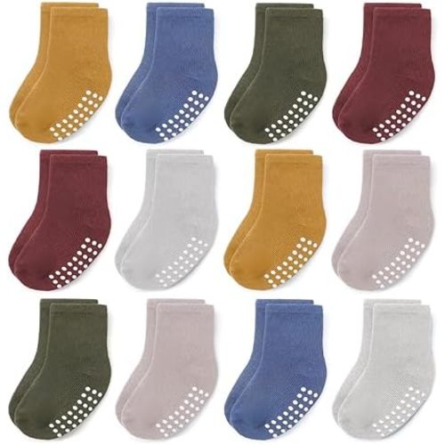 JAKIDAR 12 Pack Baby Toddler Socks Non Slip Grip Cotton Crew Socks for Boys Girls Infants Kids