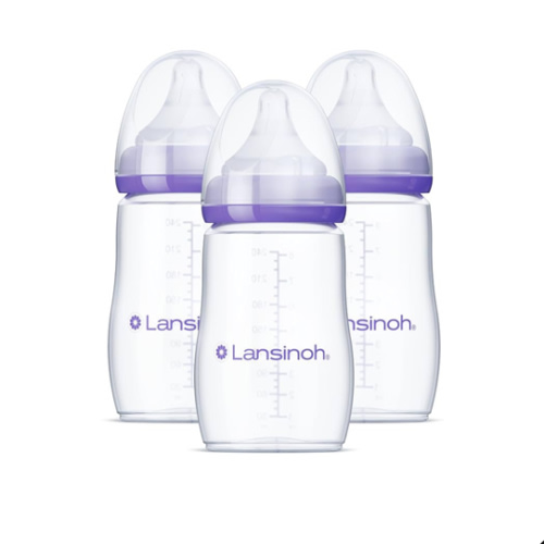 Lansinoh Anti-Colic Baby Bottles for Breastfeeding Babies, 8 Ounces, 3 Count, Includes 3 Medium Flow Nipples, Size M