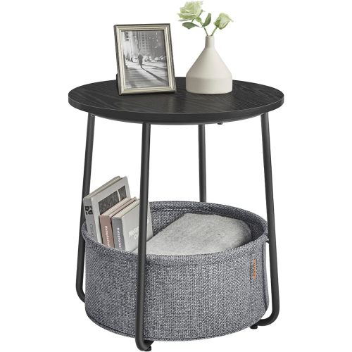 VASAGLE End Table, Small Bedside Table with Fabric Basket, Modern Nightstand, Round Side Table, for Living Room, Bedroom, Ebony Black and Slate Gray ULET223B01