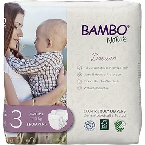 Bambo Nature Hypoallergenic Dream Baby Diapers, Premium Eco-Labeled Sustainable Diapers, Enhanced Leakage Protection, Totally Chlorine-free, Skin Friendly, and Super Absorbent - Size 3 (87 Count)