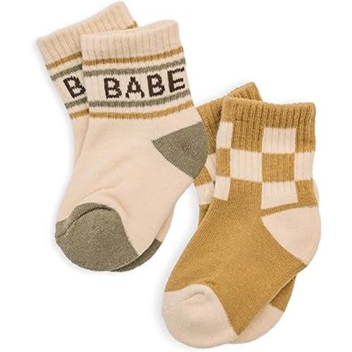Lottie Dottie Baby & Toddler Half-Crew Cotton Socks 2-Pack | Checkered & Retro Stripe Unisex Novelty Socks