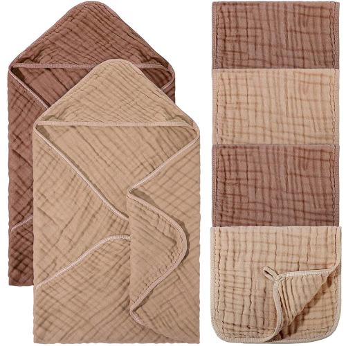 6 Pcs Baby Muslin Hooded Bath Towels and Washcloths, 32 x 32 Inch Muslin Cotton Hooded Baby Towels Absorbent Hooded Blankets for Gift Newborn Infant Shower (Brown,Coffee)