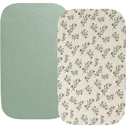 Muslin Bassinet Sheet Compatible with Baby Delight Beside Me Dreamer Bassinet, 2 Pack Cotton Stylish Boho Fitted Bassinet Sheets Super Soft for Baby Roman Green & Botanical Leaf
